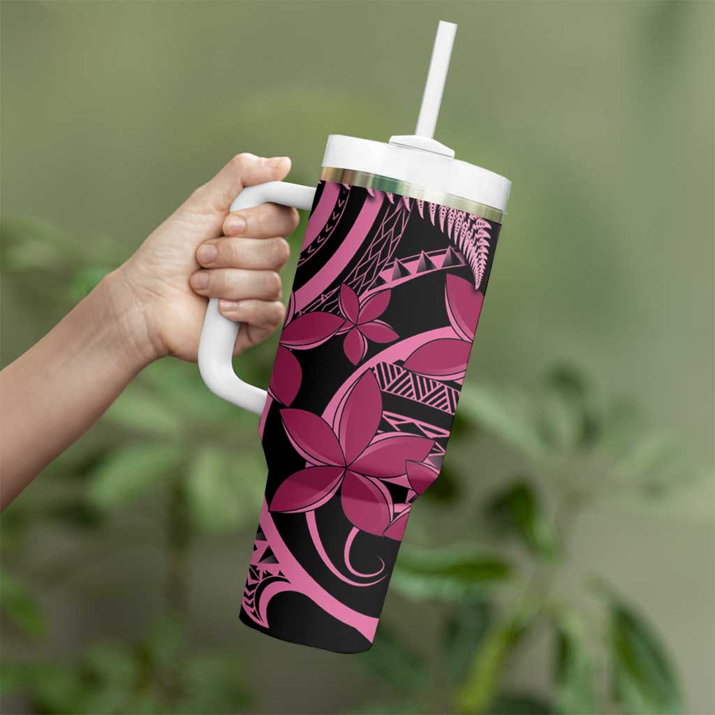 Aotearoa Maori Tumbler With Handle Pink Fern Ribbons on Black - Polynesian Pride