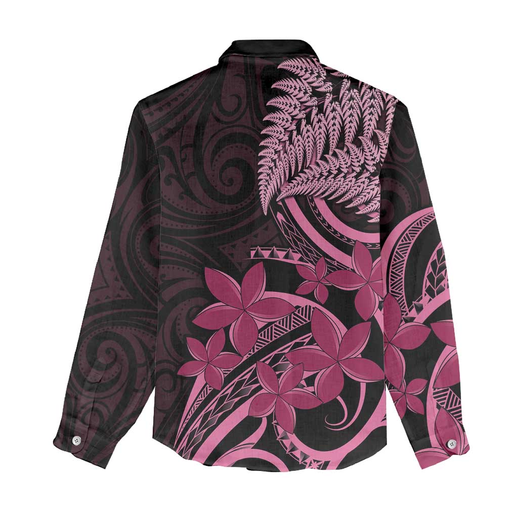 Aotearoa Maori Women Casual Shirt Pink Fern Ribbons on Black - Polynesian Pride