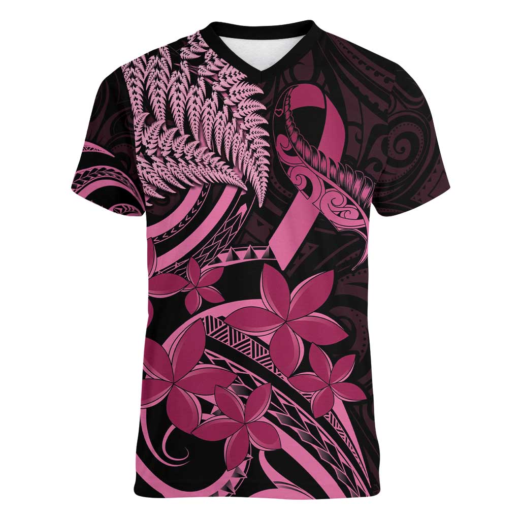 Aotearoa Maori Women V-Neck T-Shirt Pink Fern Ribbons on Black - Polynesian Pride