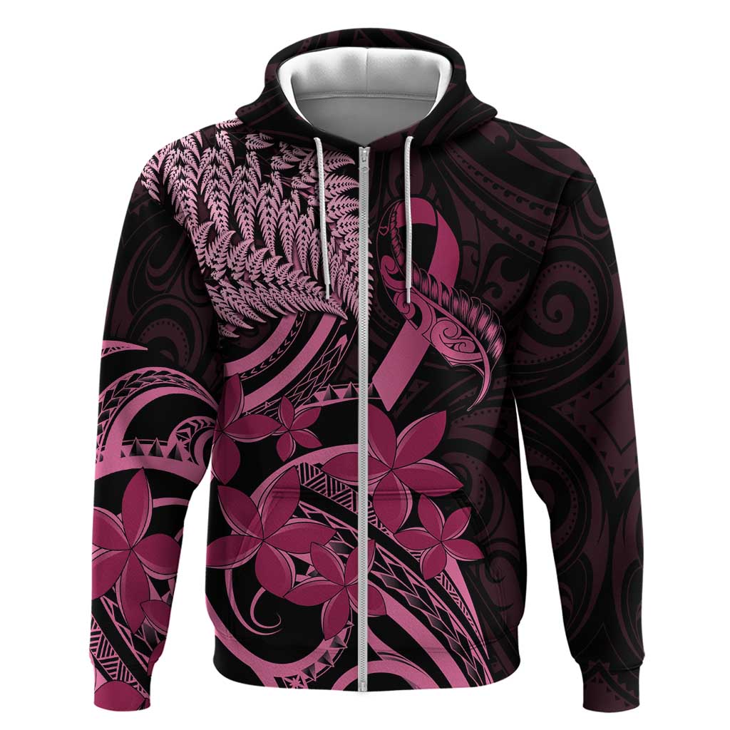 Aotearoa Maori Zip Hoodie Pink Fern Ribbons on Black LT7 Zip Hoodie Black - Polynesian Pride