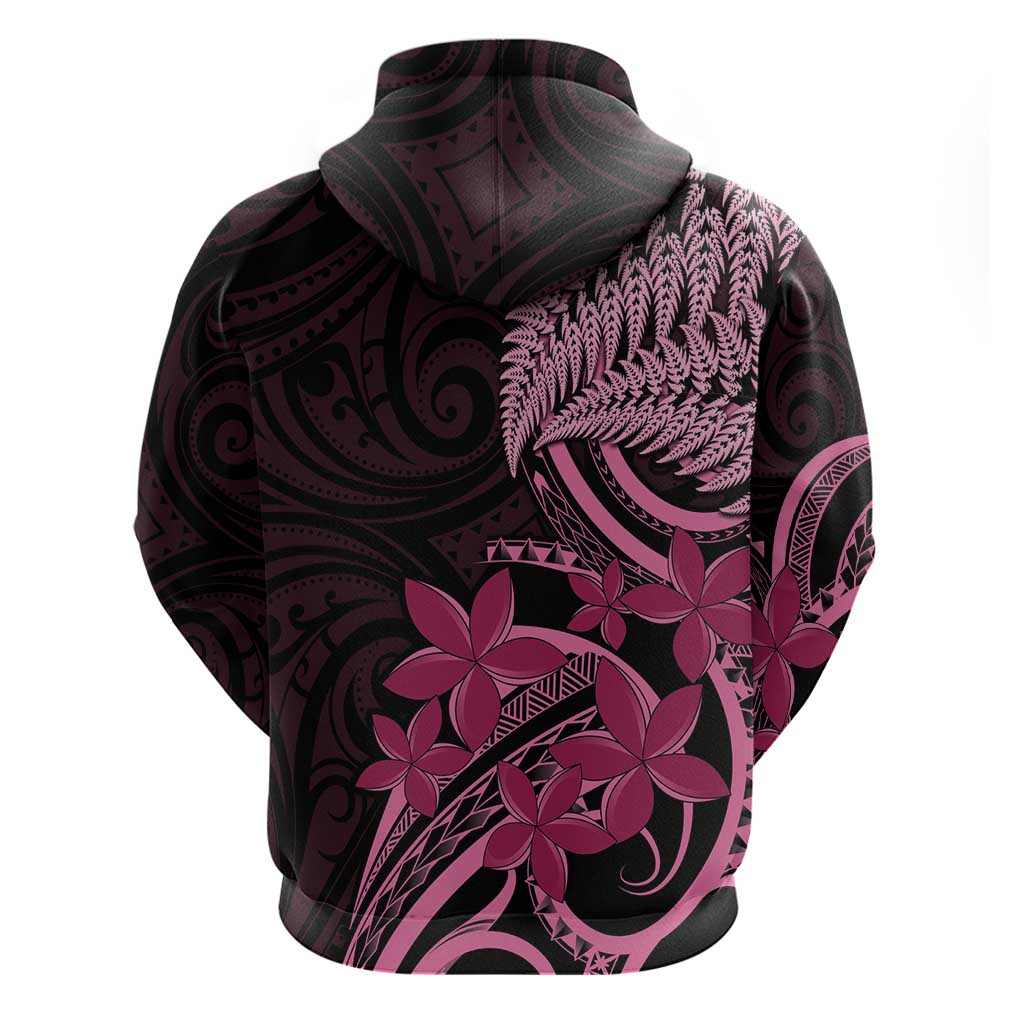 Aotearoa Maori Zip Hoodie Pink Fern Ribbons on Black LT7 - Polynesian Pride