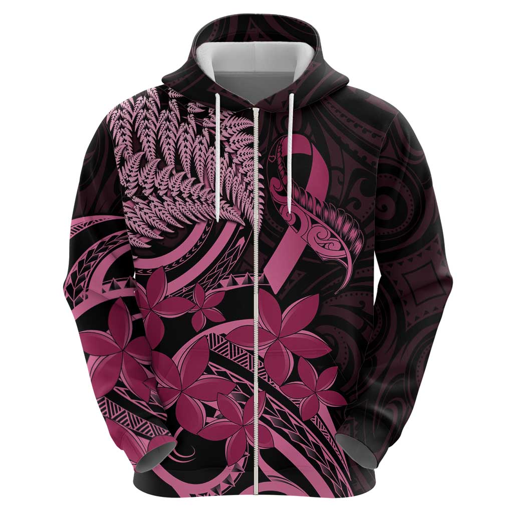 Aotearoa Maori Zip Hoodie Pink Fern Ribbons on Black LT7 - Polynesian Pride