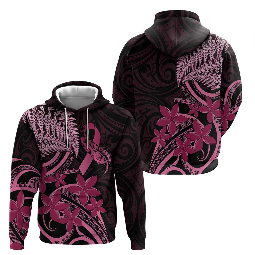 Aotearoa Maori Zip Hoodie Pink Fern Ribbons on Black LT7 - Polynesian Pride