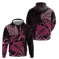 Aotearoa Maori Zip Hoodie Pink Fern Ribbons on Black LT7 - Polynesian Pride