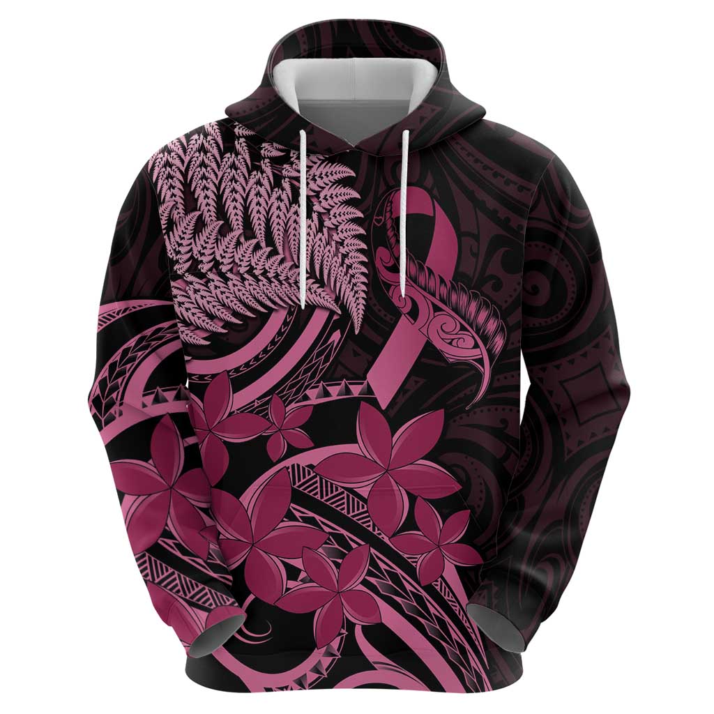 Aotearoa Maori Zip Hoodie Pink Fern Ribbons on Black LT7 - Polynesian Pride