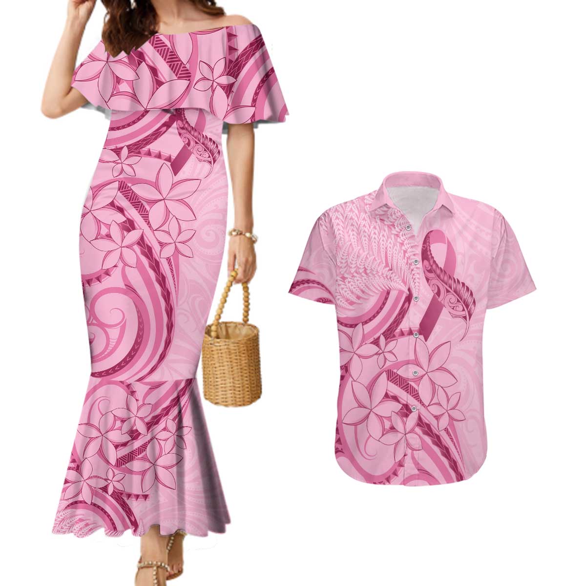 Aotearoa Maori Couples Matching Mermaid Dress and Hawaiian Shirt Pink Fern Ribbons - Polynesian Pride