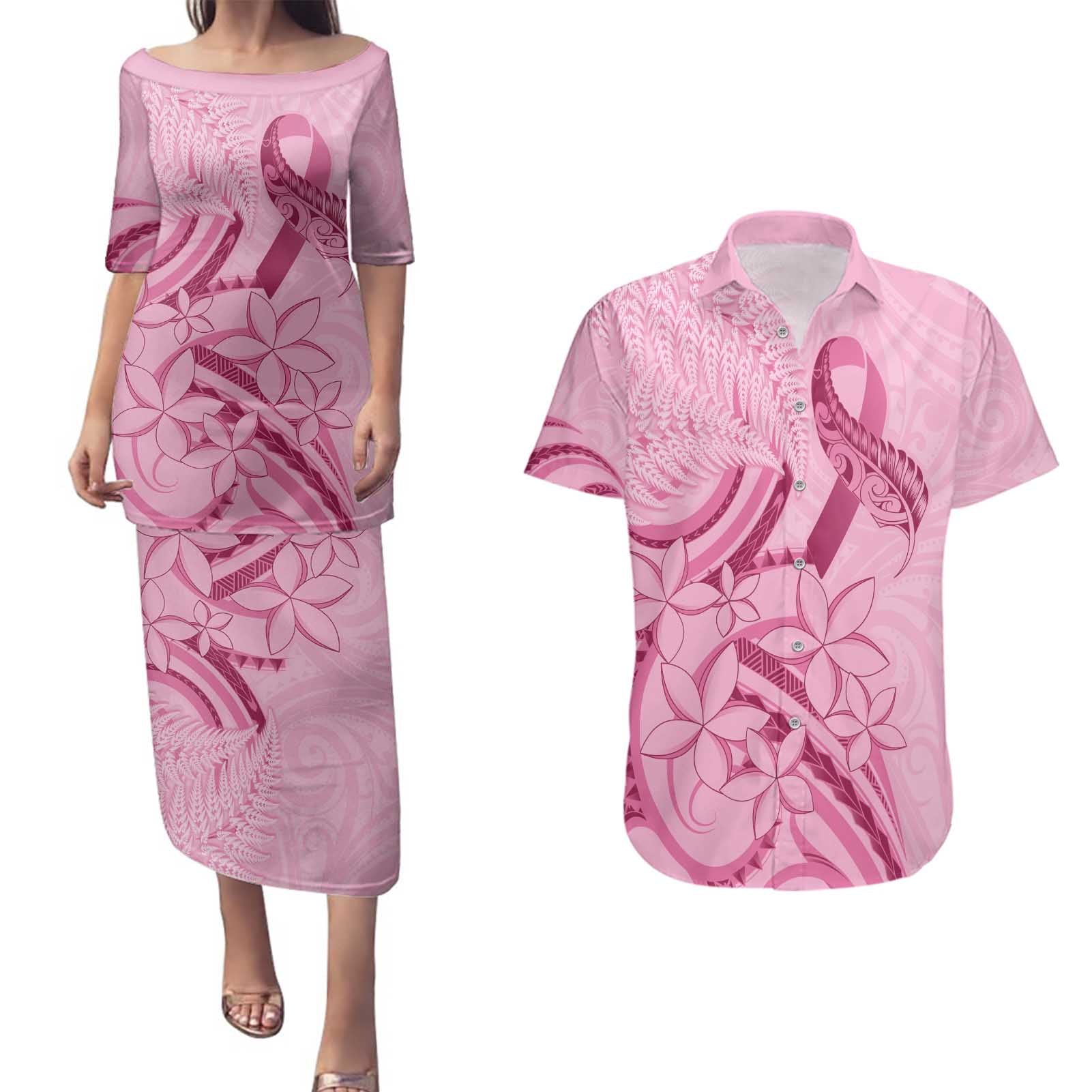 Aotearoa Maori Couples Matching Puletasi and Hawaiian Shirt Pink Fern Ribbons - Polynesian Pride