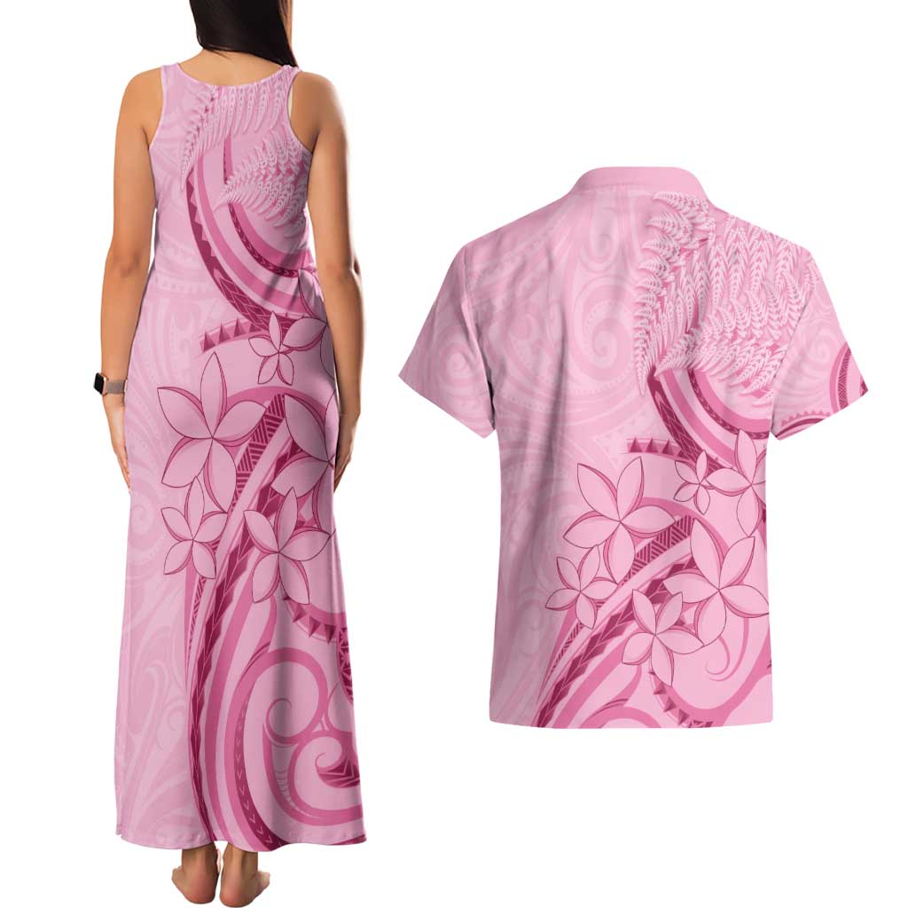 Aotearoa Maori Couples Matching Tank Maxi Dress and Hawaiian Shirt Pink Fern Ribbons - Polynesian Pride