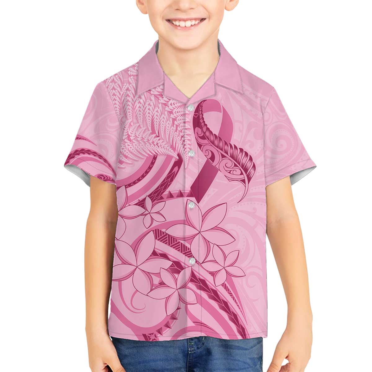 Aotearoa Maori Family Matching Off The Shoulder Long Sleeve Dress and Hawaiian Shirt Pink Fern Ribbons - Polynesian Pride