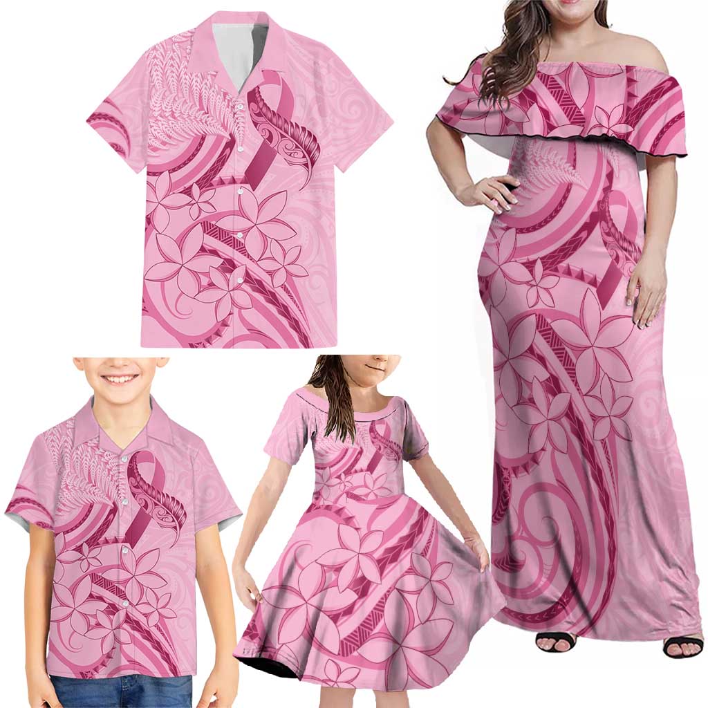 Aotearoa Maori Family Matching Off Shoulder Maxi Dress and Hawaiian Shirt Pink Fern Ribbons - Polynesian Pride