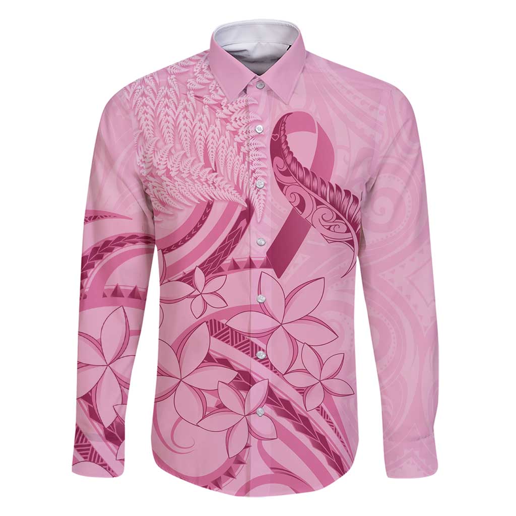 Aotearoa Maori Family Matching Off Shoulder Short Dress and Hawaiian Shirt Pink Fern Ribbons LT7 Dad's Shirt - Long Sleeve Pink - Polynesian Pride