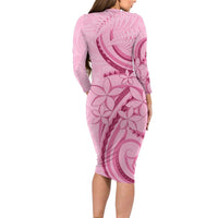 Aotearoa Maori Long Sleeve Bodycon Dress Pink Fern Ribbons - Polynesian Pride
