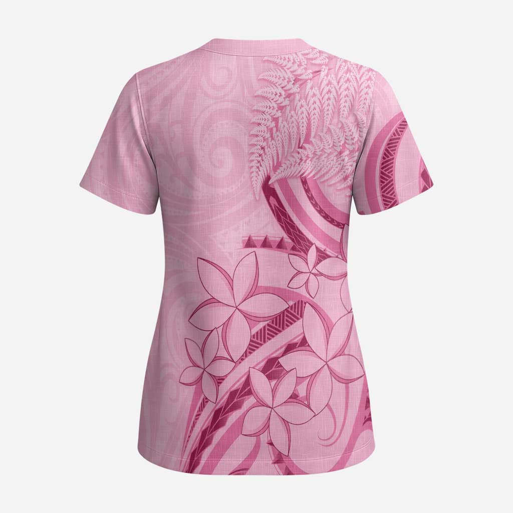 Aotearoa Maori Scrub Top Pink Fern Ribbons - Polynesian Pride