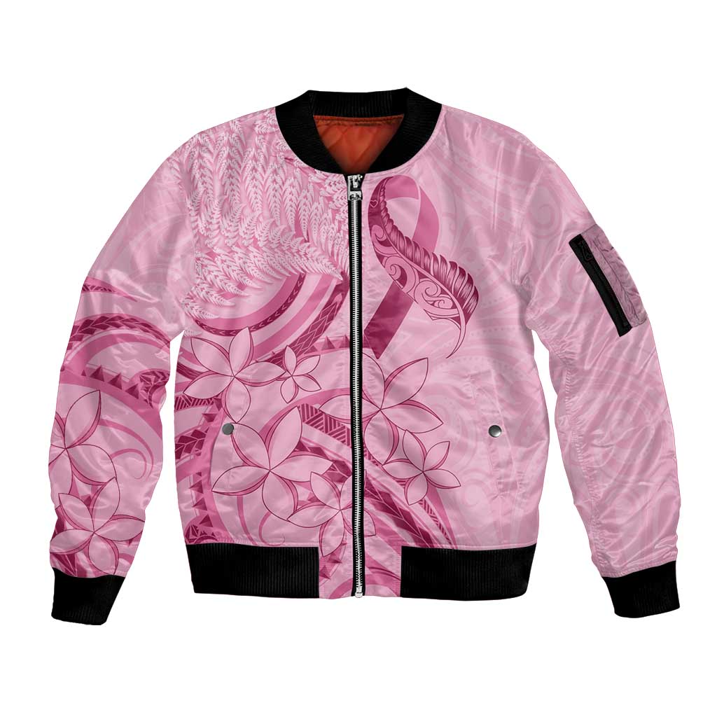 Aotearoa Maori Sleeve Zip Bomber Jacket Pink Fern Ribbons - Polynesian Pride