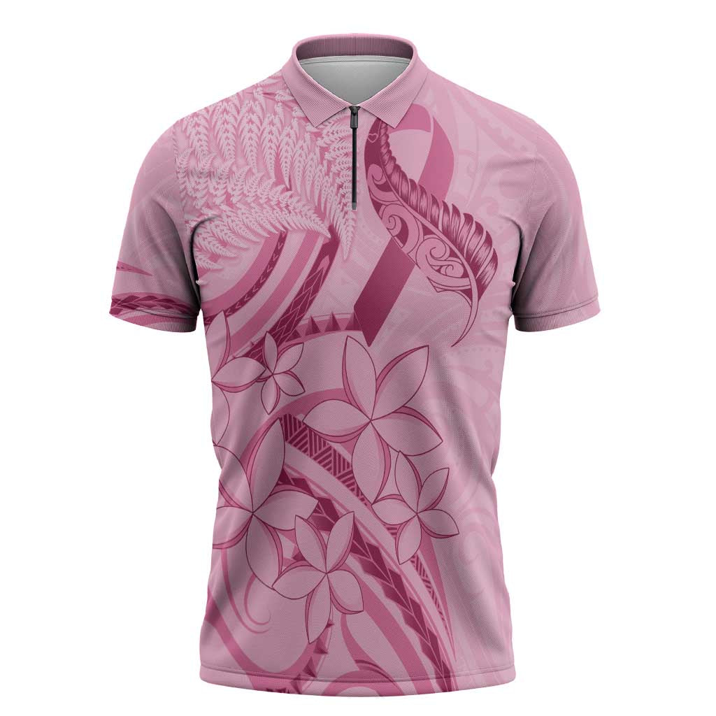 Aotearoa Maori Zipper Polo Shirt Pink Fern Ribbons - Polynesian Pride