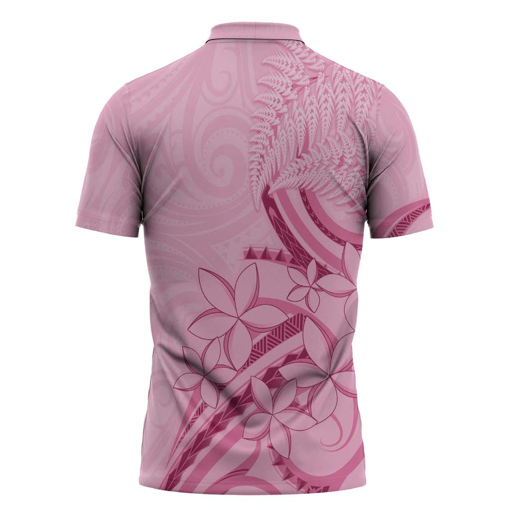 Aotearoa Maori Zipper Polo Shirt Pink Fern Ribbons - Polynesian Pride