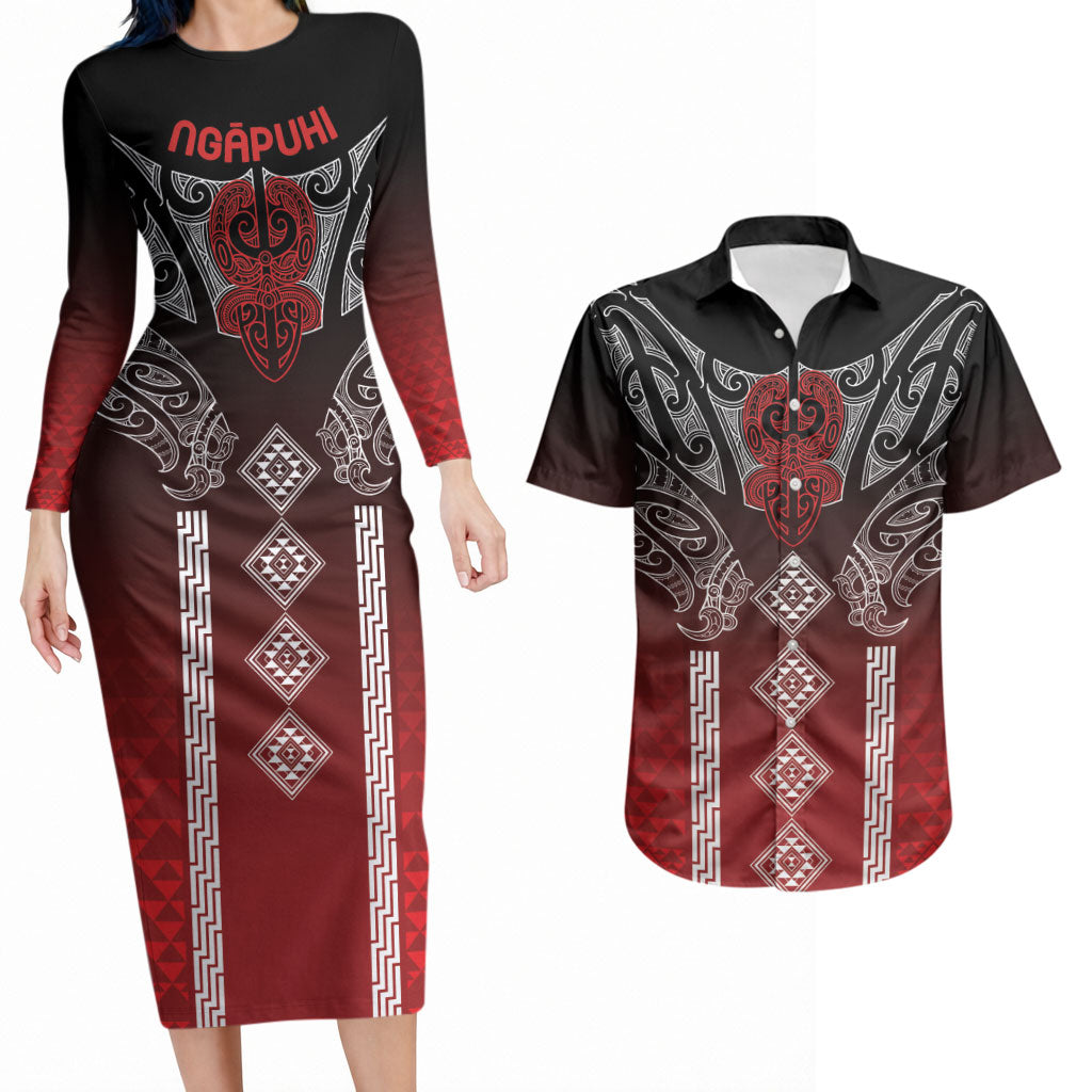 Aotearoa Maori Iwi Heritage Couples Matching Long Sleeve Bodycon Dress and Hawaiian Shirt Ngapuhi Kokowai LT7 Red - Polynesian Pride