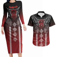 Aotearoa Maori Iwi Heritage Couples Matching Long Sleeve Bodycon Dress and Hawaiian Shirt Ngapuhi Kokowai