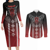 Aotearoa Maori Iwi Heritage Couples Matching Long Sleeve Bodycon Dress and Long Sleeve Button Shirt Ngapuhi Kokowai