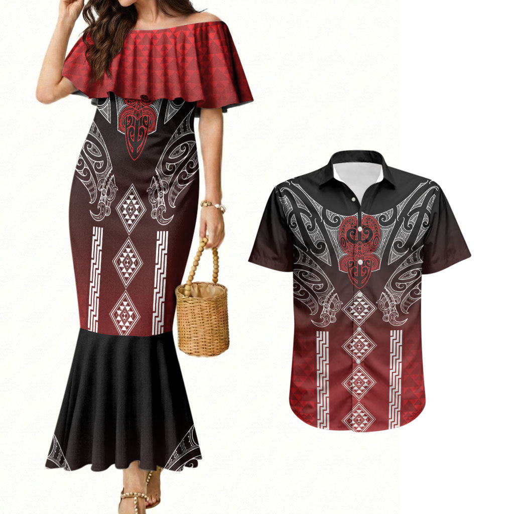 Aotearoa Maori Iwi Heritage Couples Matching Mermaid Dress and Hawaiian Shirt Ngapuhi Kokowai LT7 Red - Polynesian Pride