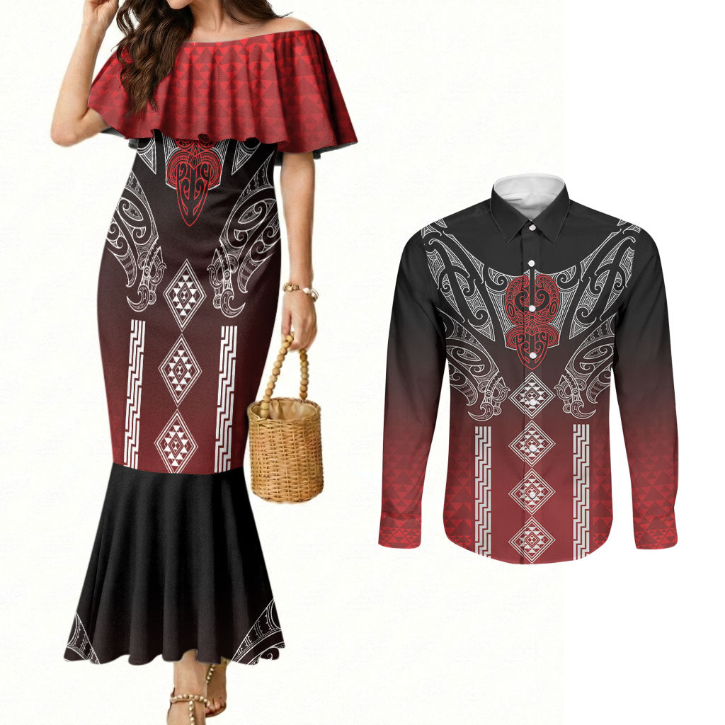 Aotearoa Maori Iwi Heritage Couples Matching Mermaid Dress and Long Sleeve Button Shirt Ngapuhi Kokowai LT7 Red - Polynesian Pride