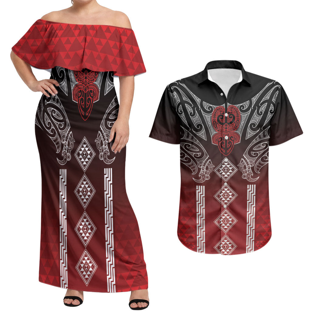 Aotearoa Maori Iwi Heritage Couples Matching Off Shoulder Maxi Dress and Hawaiian Shirt Ngapuhi Kokowai LT7 Red - Polynesian Pride