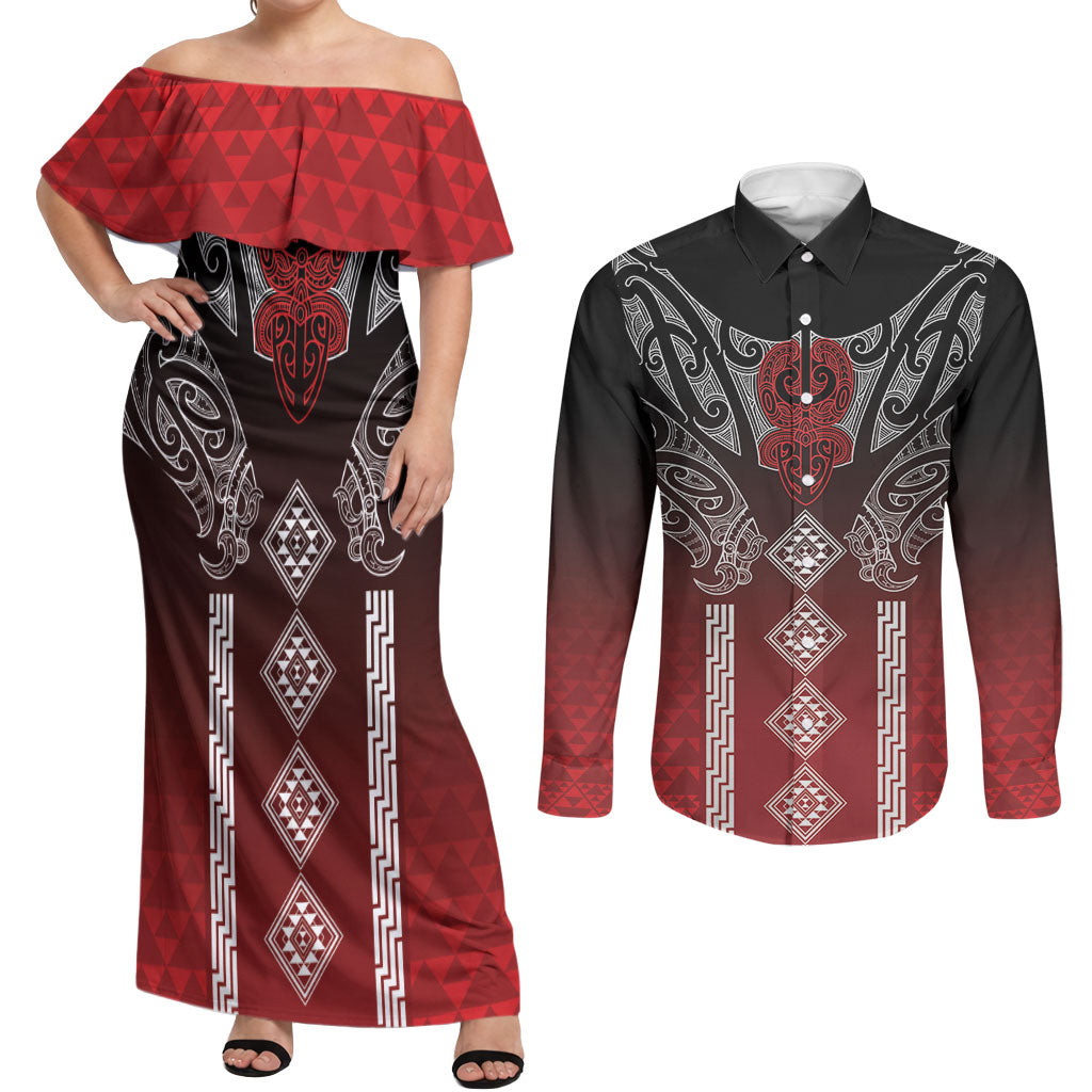 Aotearoa Maori Iwi Heritage Couples Matching Off Shoulder Maxi Dress and Long Sleeve Button Shirt Ngapuhi Kokowai LT7 Red - Polynesian Pride