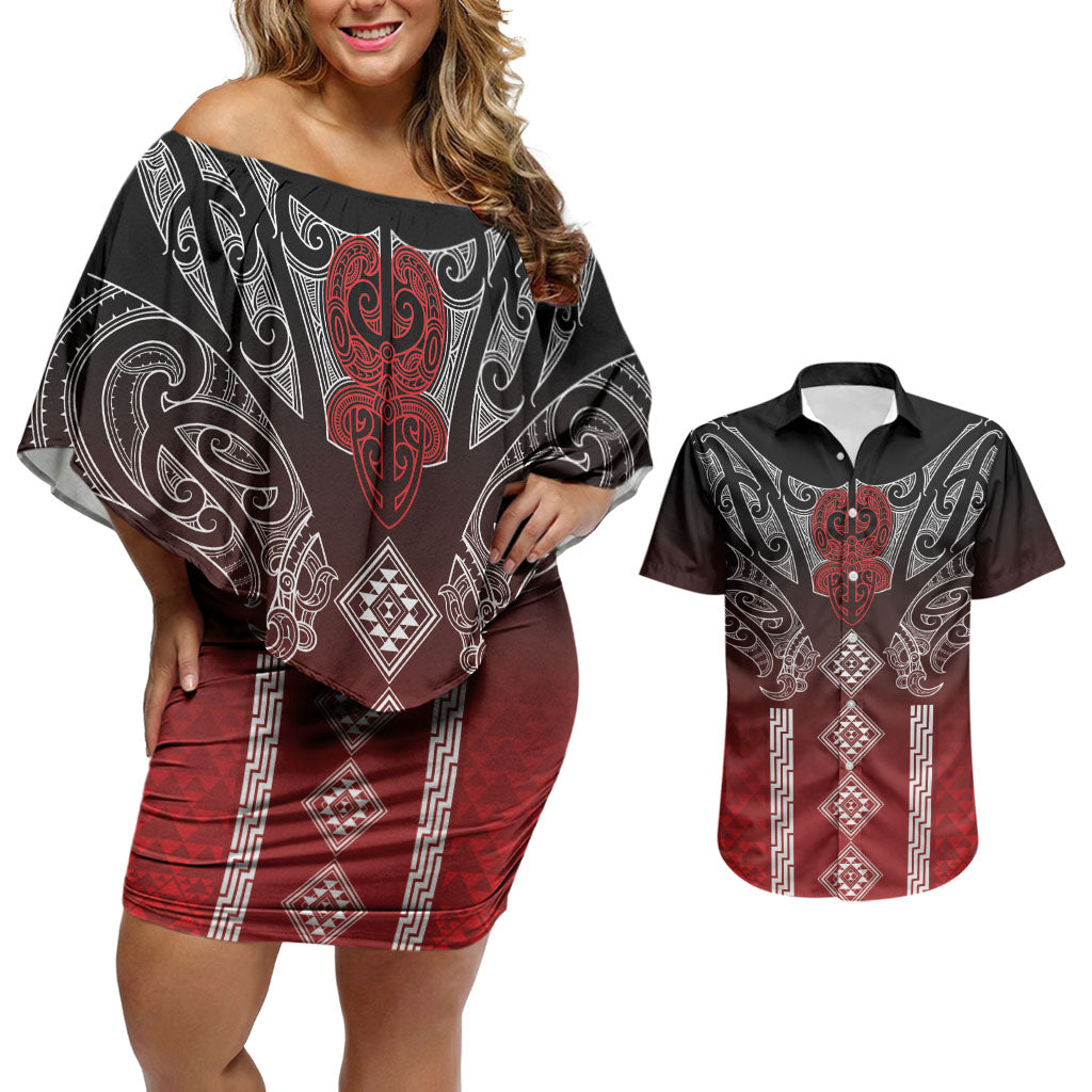 Aotearoa Maori Iwi Heritage Couples Matching Off Shoulder Short Dress and Hawaiian Shirt Ngapuhi Kokowai LT7 Red - Polynesian Pride