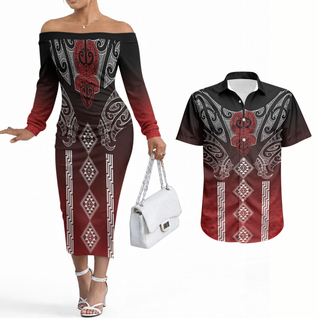Aotearoa Maori Iwi Heritage Couples Matching Off The Shoulder Long Sleeve Dress and Hawaiian Shirt Ngapuhi Kokowai LT7 Red - Polynesian Pride