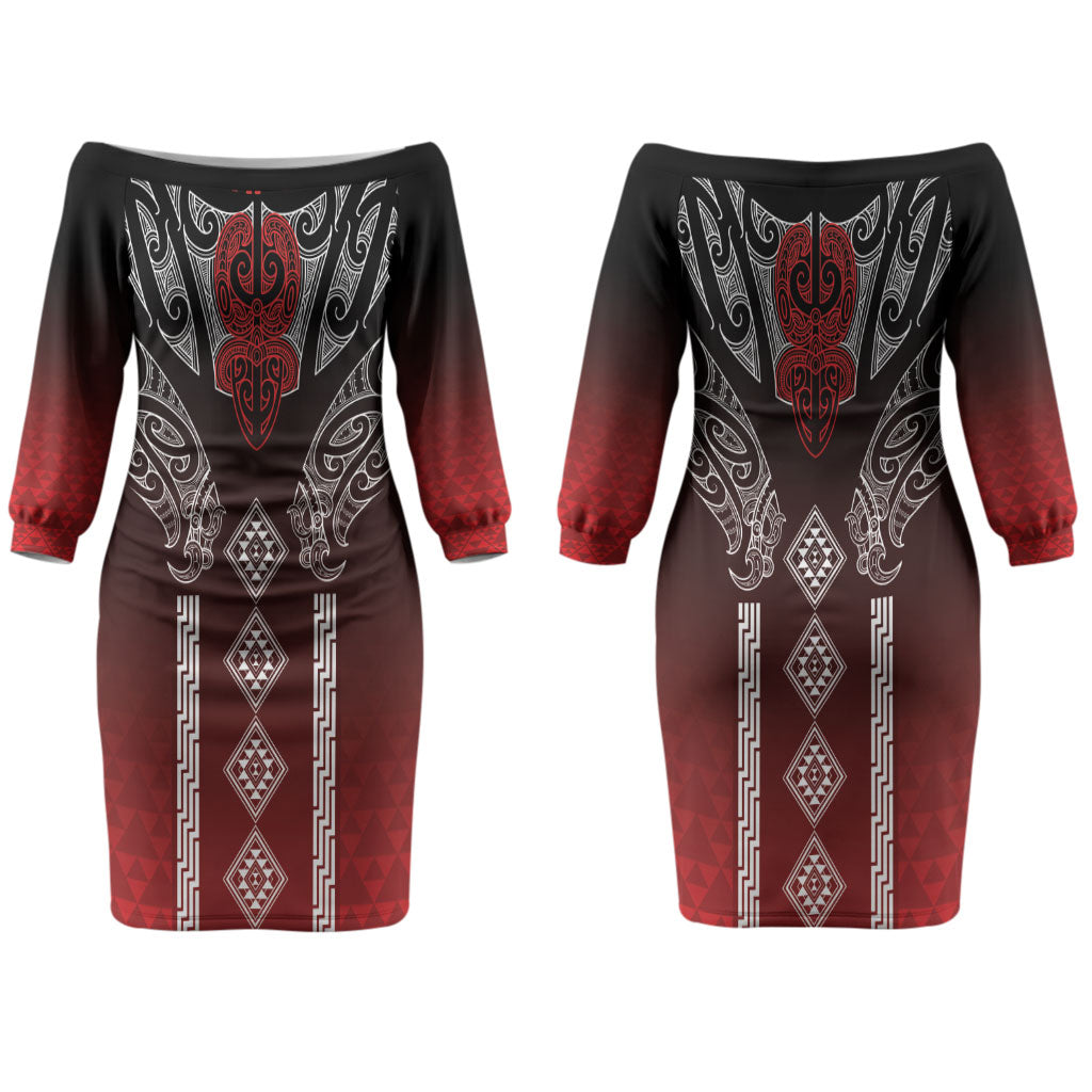 Aotearoa Maori Iwi Heritage Couples Matching Off The Shoulder Long Sleeve Dress and Hawaiian Shirt Ngapuhi Kokowai