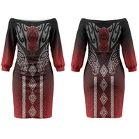 Aotearoa Maori Iwi Heritage Couples Matching Off The Shoulder Long Sleeve Dress and Hawaiian Shirt Ngapuhi Kokowai