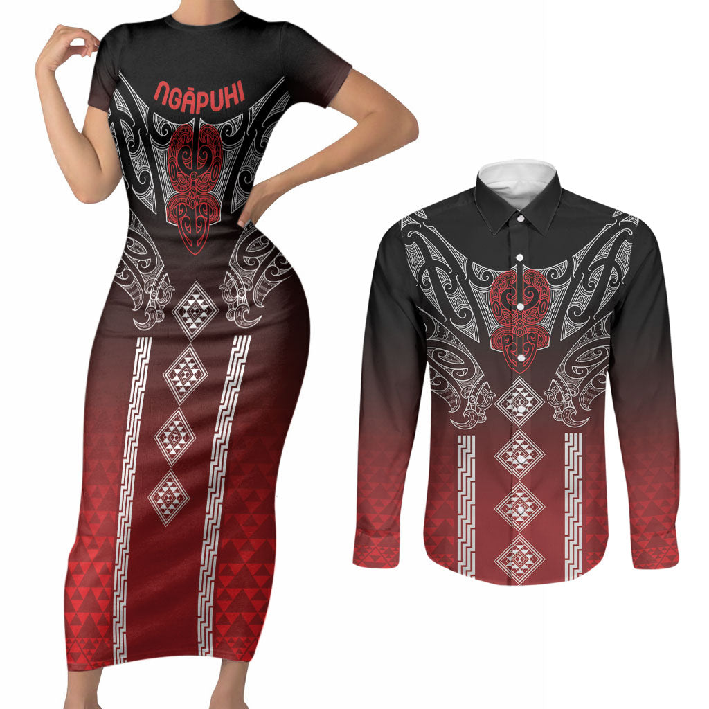 Aotearoa Maori Iwi Heritage Couples Matching Short Sleeve Bodycon Dress and Long Sleeve Button Shirt Ngapuhi Kokowai LT7 Red - Polynesian Pride