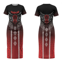 Aotearoa Maori Iwi Heritage Couples Matching Short Sleeve Bodycon Dress and Long Sleeve Button Shirt Ngapuhi Kokowai