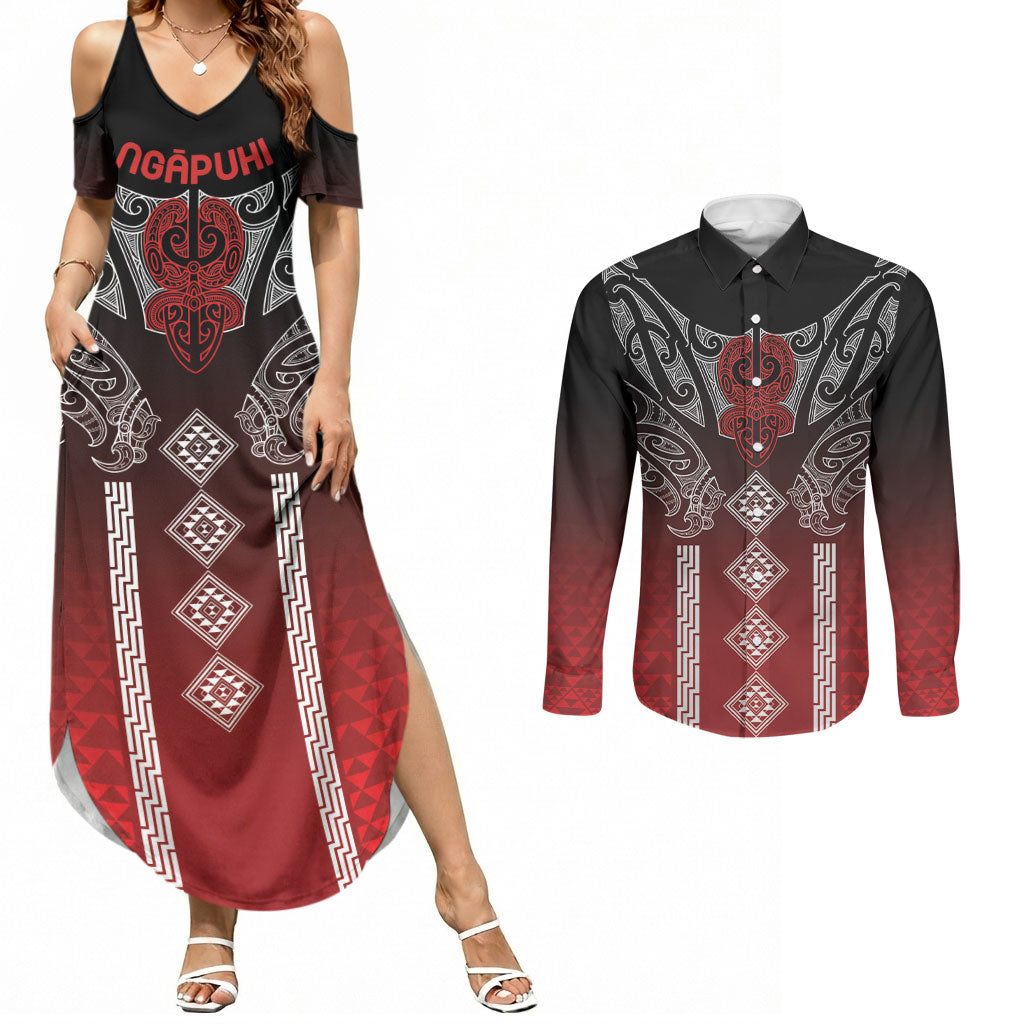 Aotearoa Maori Iwi Heritage Couples Matching Summer Maxi Dress and Long Sleeve Button Shirt Ngapuhi Kokowai LT7 Red - Polynesian Pride