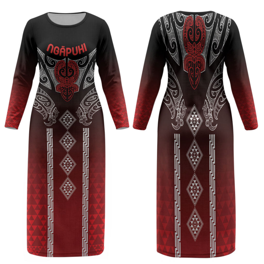 Aotearoa Maori Iwi Heritage Family Matching Long Sleeve Bodycon Dress and Hawaiian Shirt Ngapuhi Kokowai