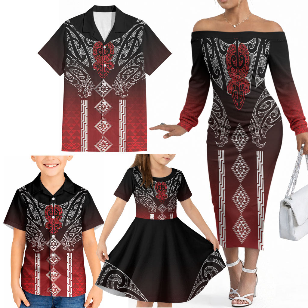 Aotearoa Maori Iwi Heritage Family Matching Off The Shoulder Long Sleeve Dress and Hawaiian Shirt Ngapuhi Kokowai LT7 - Polynesian Pride