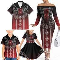 Aotearoa Maori Iwi Heritage Family Matching Off The Shoulder Long Sleeve Dress and Hawaiian Shirt Ngapuhi Kokowai
