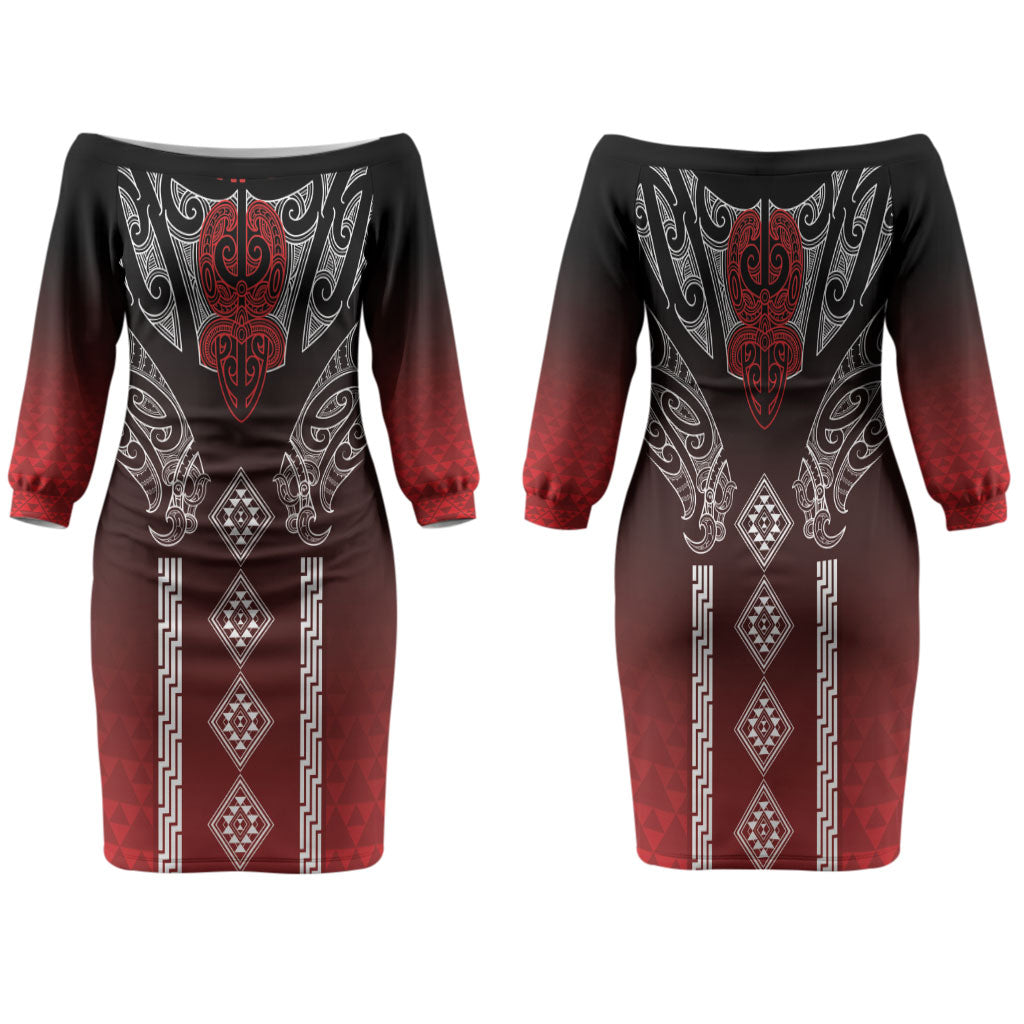 Aotearoa Maori Iwi Heritage Family Matching Off The Shoulder Long Sleeve Dress and Hawaiian Shirt Ngapuhi Kokowai
