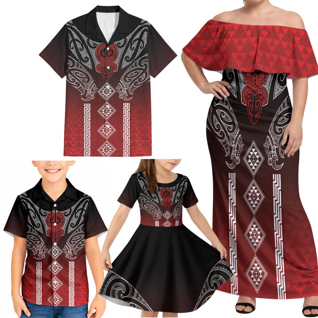 Aotearoa Maori Iwi Heritage Family Matching Off Shoulder Maxi Dress and Hawaiian Shirt Ngapuhi Kokowai LT7 - Polynesian Pride