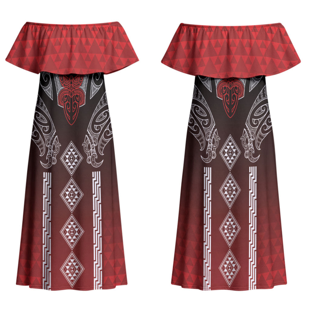 Aotearoa Maori Iwi Heritage Family Matching Off Shoulder Maxi Dress and Hawaiian Shirt Ngapuhi Kokowai