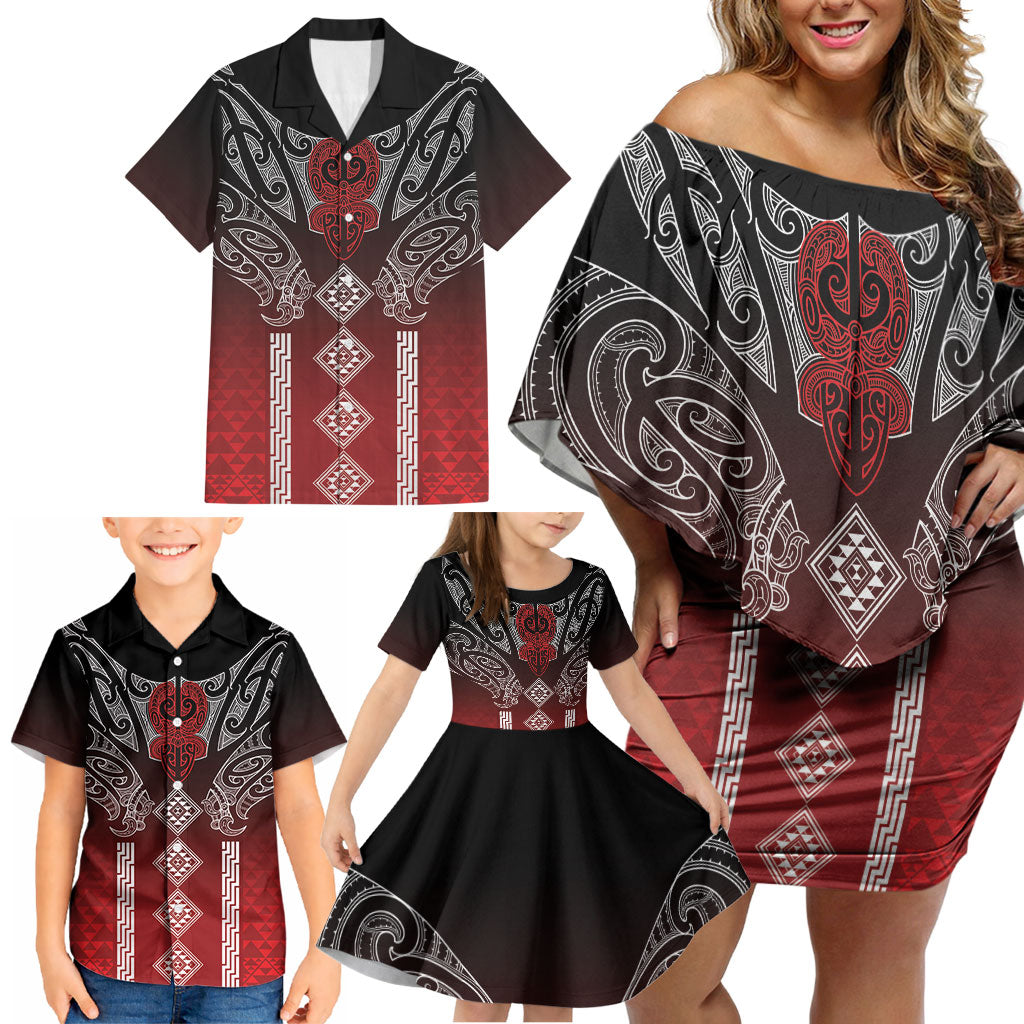 Aotearoa Maori Iwi Heritage Family Matching Off Shoulder Short Dress and Hawaiian Shirt Ngapuhi Kokowai LT7 - Polynesian Pride