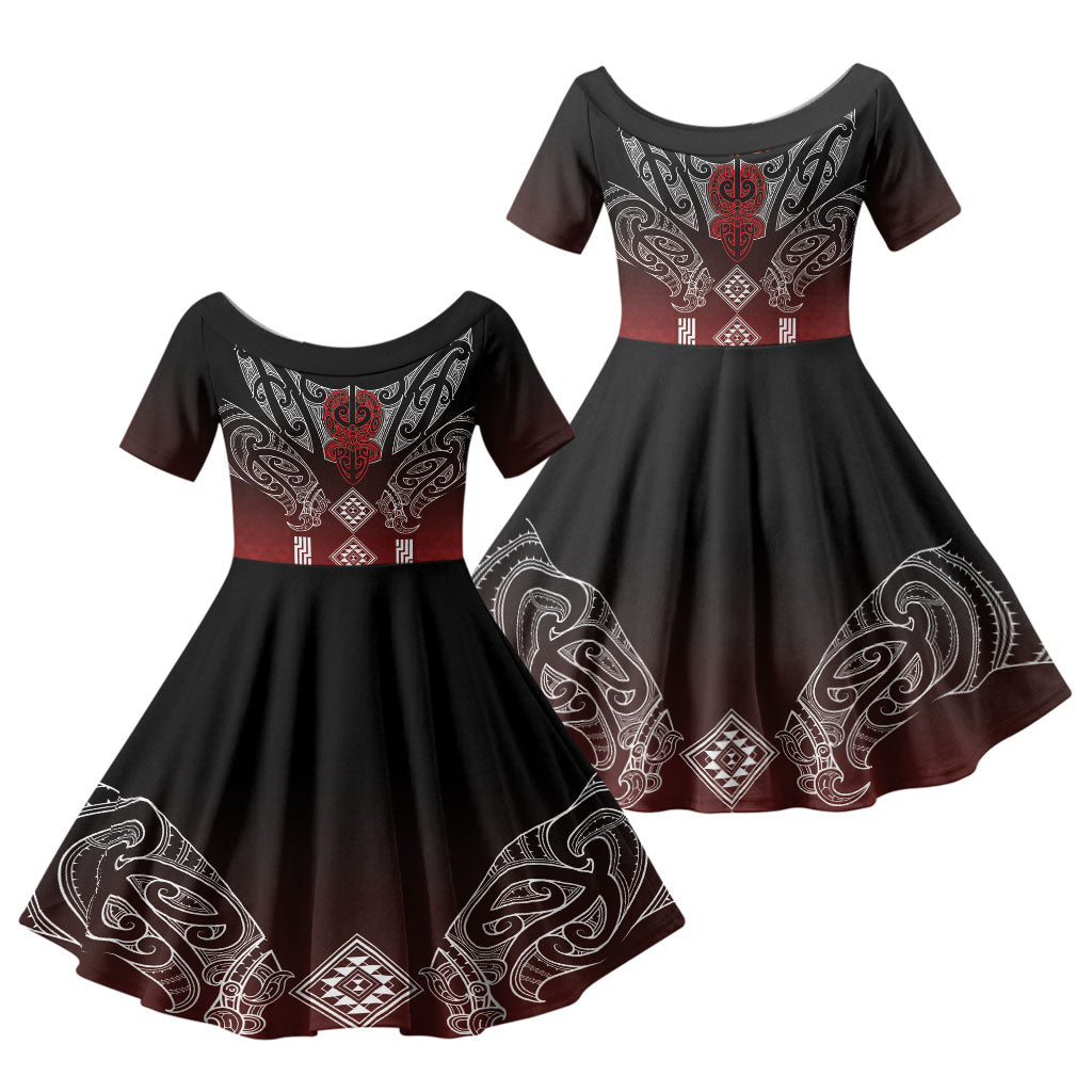 Aotearoa Maori Iwi Heritage Family Matching Off Shoulder Short Dress and Hawaiian Shirt Ngapuhi Kokowai