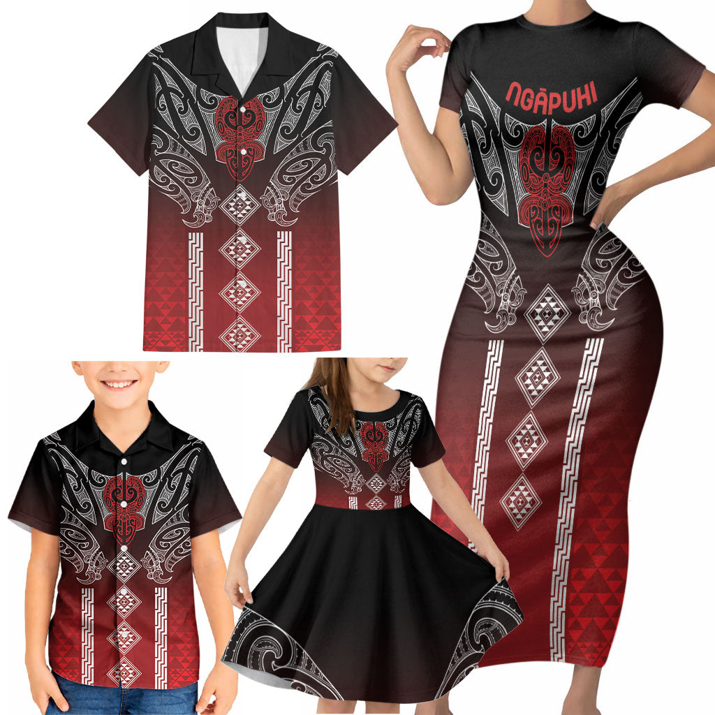 Aotearoa Maori Iwi Heritage Family Matching Short Sleeve Bodycon Dress and Hawaiian Shirt Ngapuhi Kokowai LT7 - Polynesian Pride