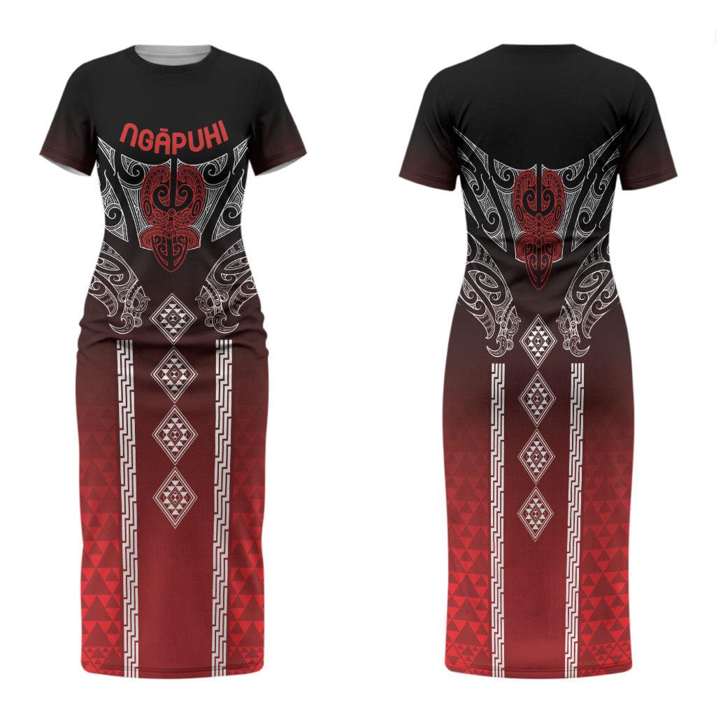 Aotearoa Maori Iwi Heritage Family Matching Short Sleeve Bodycon Dress and Hawaiian Shirt Ngapuhi Kokowai