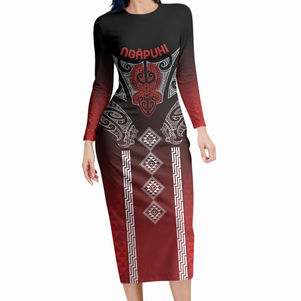 Aotearoa Maori Iwi Heritage Long Sleeve Bodycon Dress Ngapuhi Kokowai LT7 Long Dress Red - Polynesian Pride