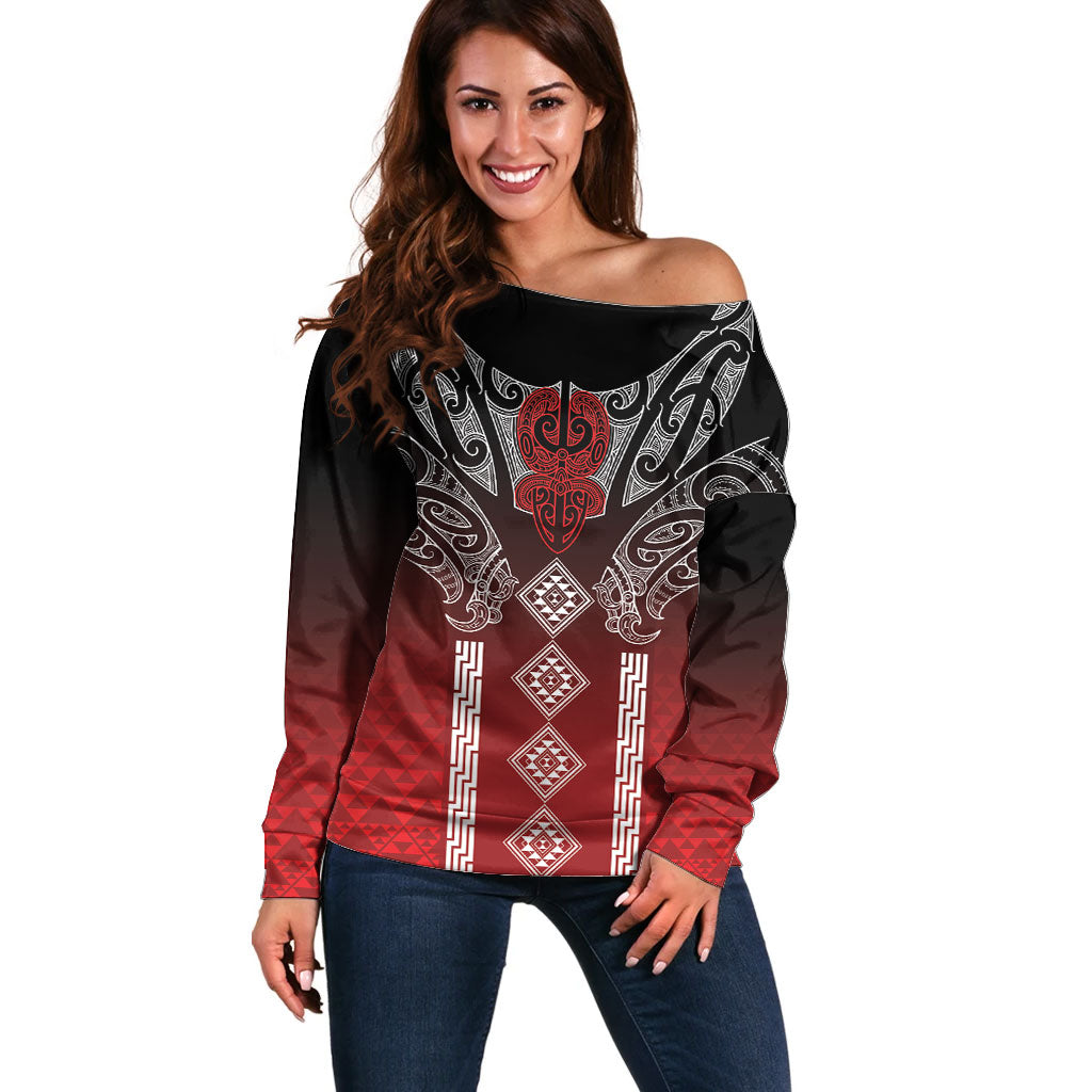 Aotearoa Maori Iwi Heritage Off Shoulder Sweater Ngapuhi Kokowai LT7 Women Red - Polynesian Pride