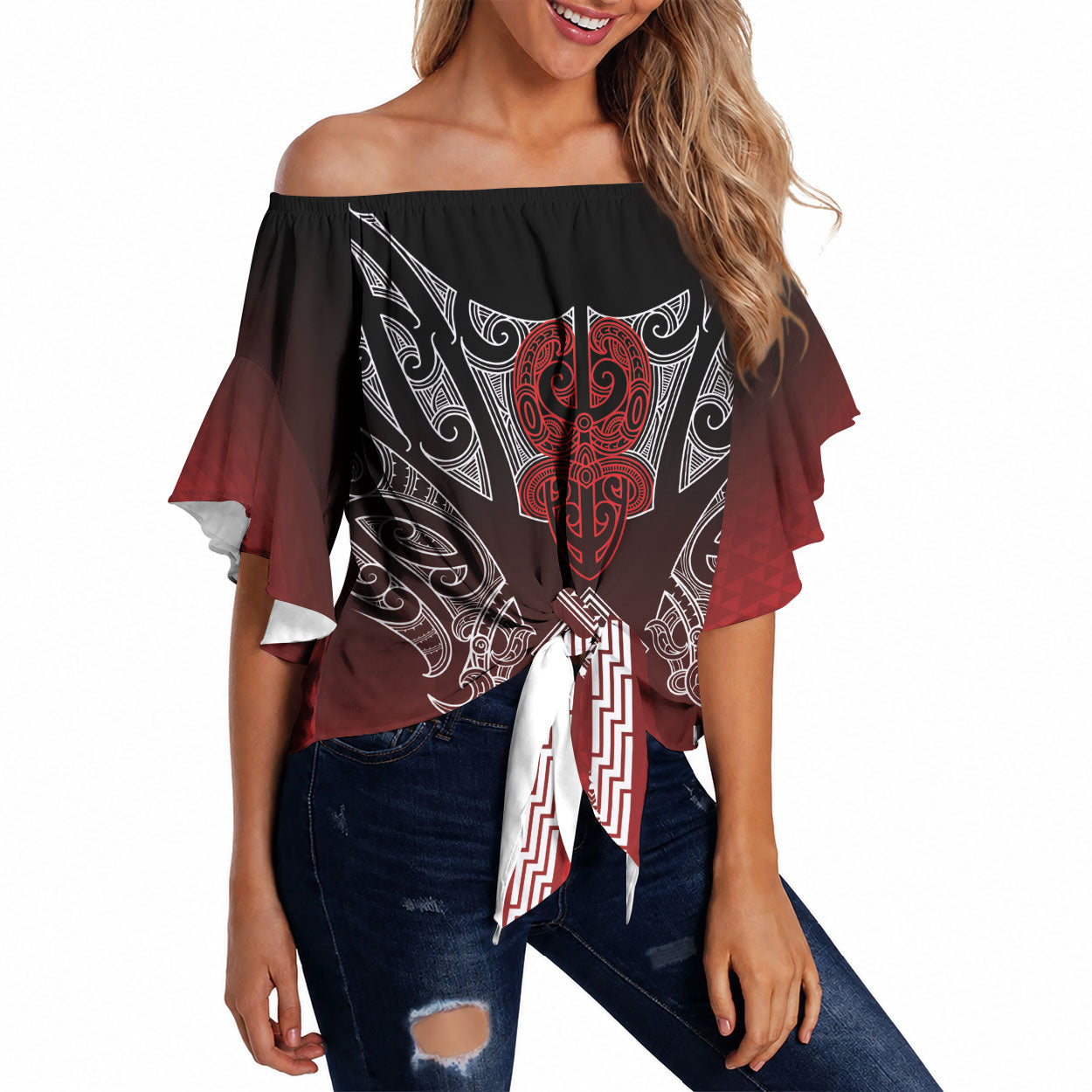 Aotearoa Maori Iwi Heritage Off Shoulder Wrap Waist Top Ngapuhi Kokowai LT7 Red - Polynesian Pride