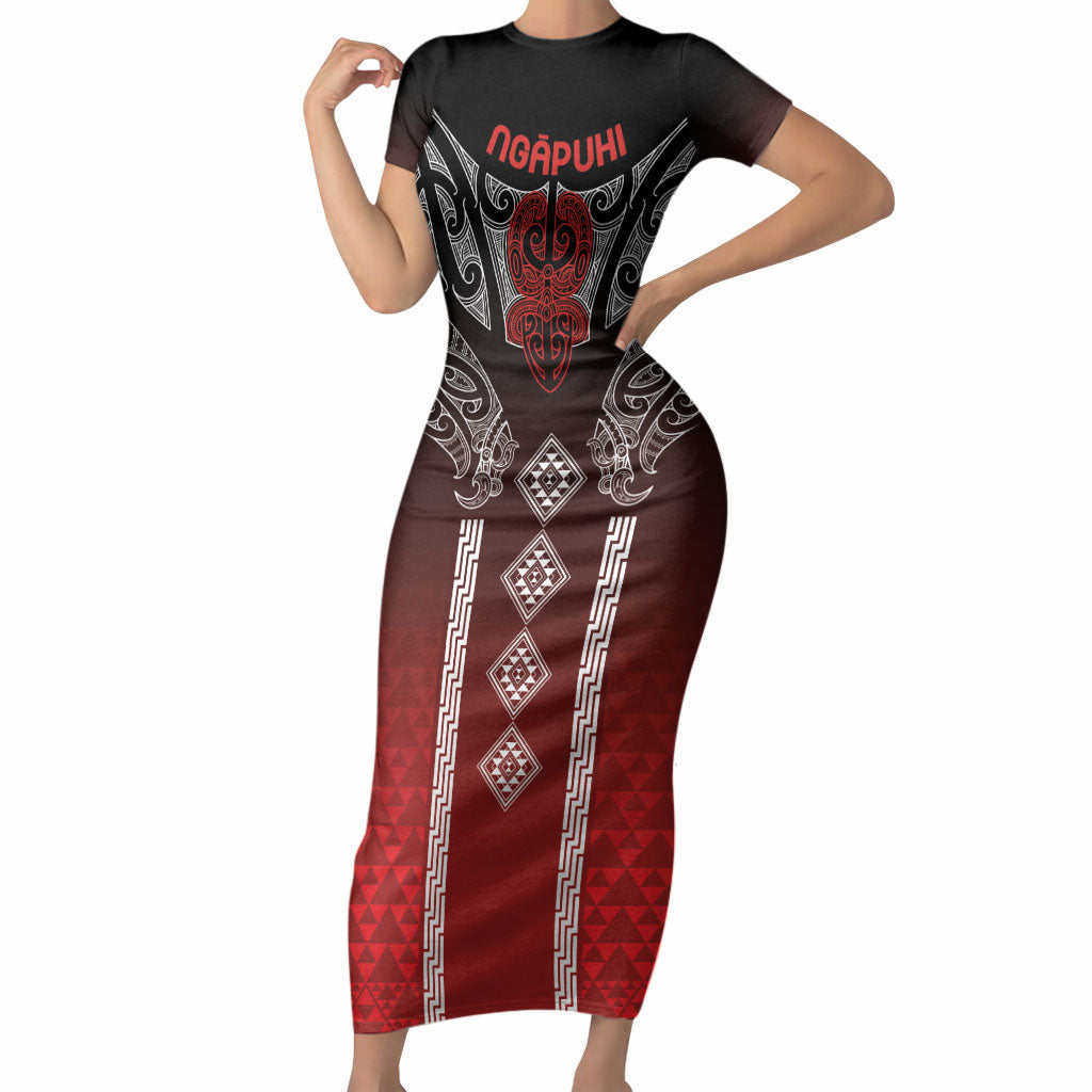 Aotearoa Maori Iwi Heritage Short Sleeve Bodycon Dress Ngapuhi Kokowai LT7 Long Dress Red - Polynesian Pride