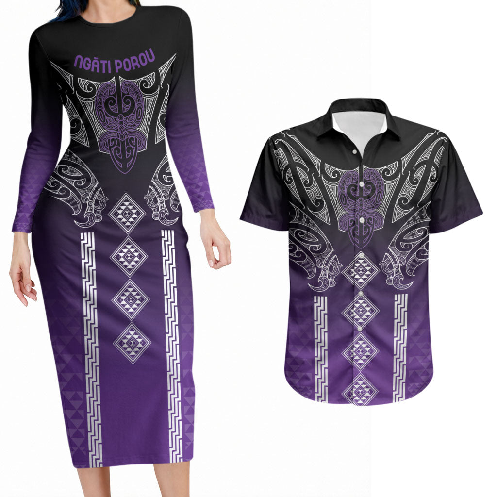 Aotearoa Maori Iwi Heritage Couples Matching Long Sleeve Bodycon Dress and Hawaiian Shirt Ngati Porou Waiporoporo LT7 Purple - Polynesian Pride
