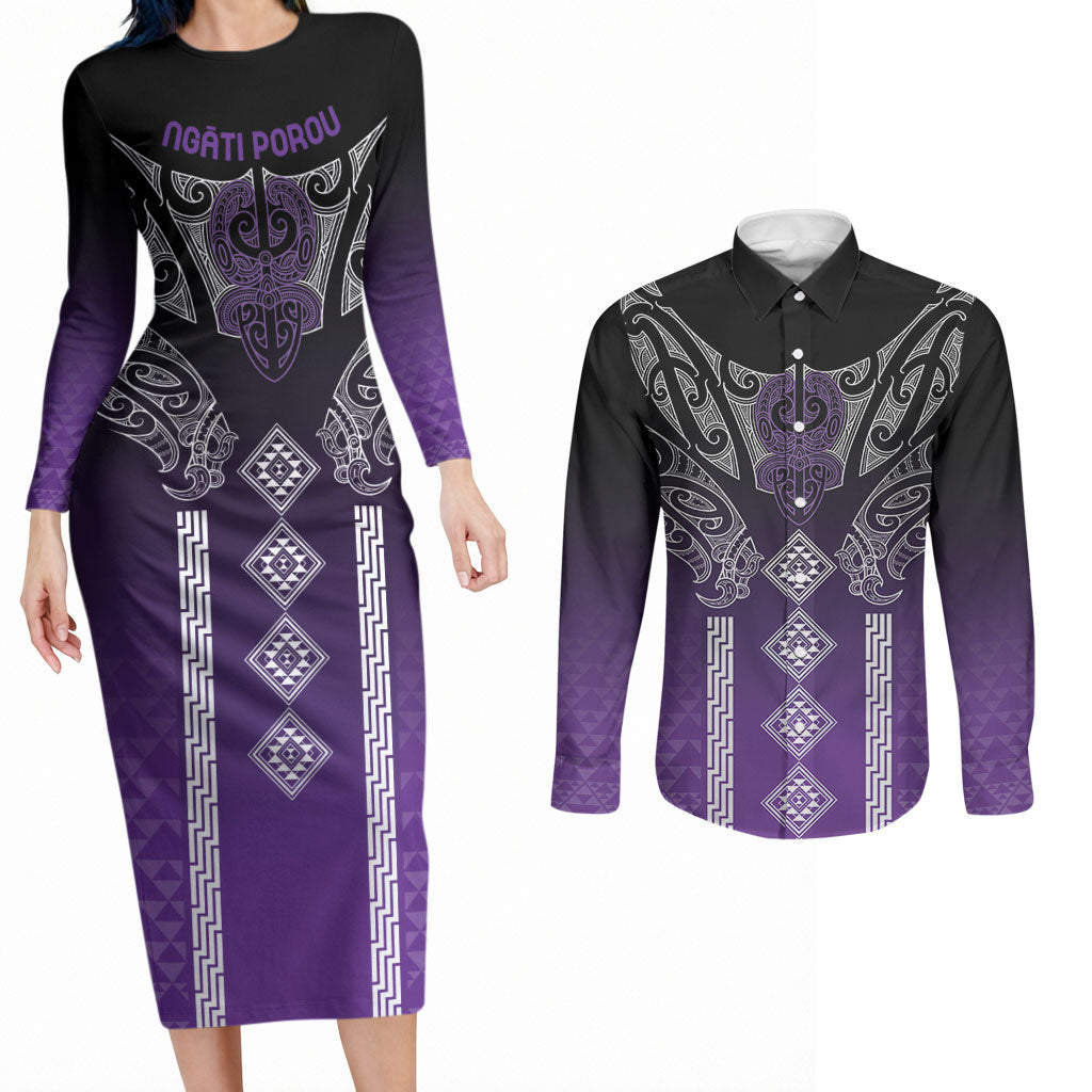Aotearoa Maori Iwi Heritage Couples Matching Long Sleeve Bodycon Dress and Long Sleeve Button Shirt Ngati Porou Waiporoporo LT7 Purple - Polynesian Pride